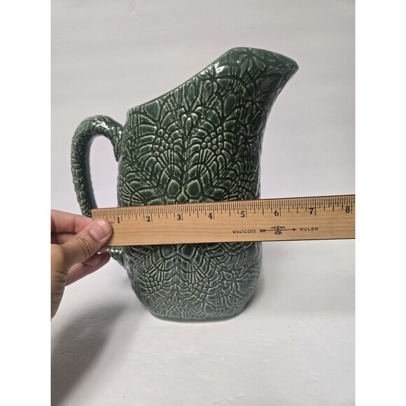 Vintage Beaver Farm Pottery Floral Green Water Pitcher  Iced Tea Floral Design - Picture 9 of 11